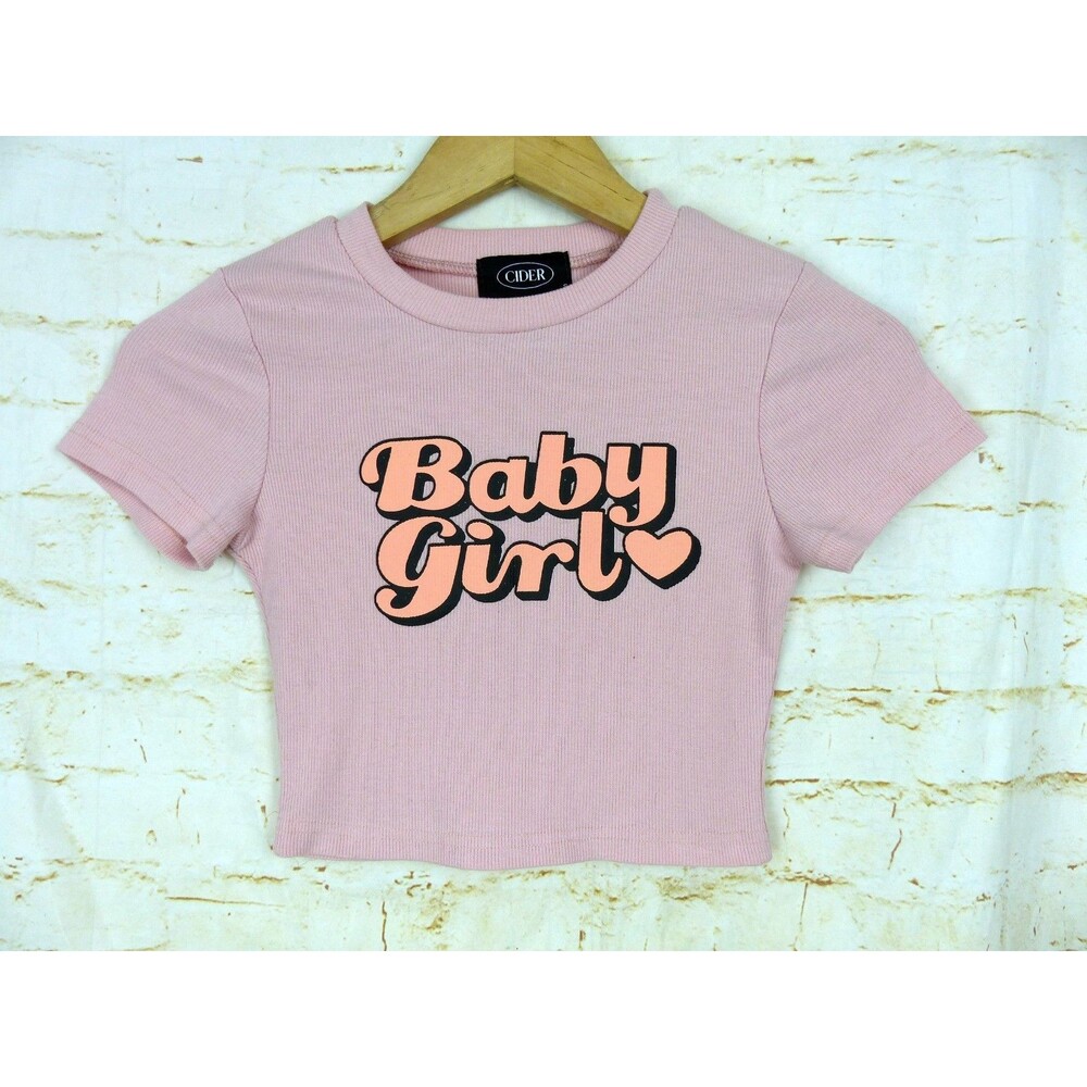 Cider Baby Girl Graphic Crop Top Womens S Pink Ribbed Y2K Coquette Tee